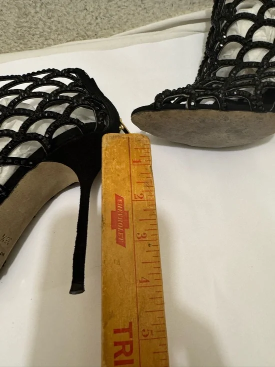 Sergio Rossi Black Scalloped crystal Laser-Cut Peep-Toe Stilettos size 38.5 - Picture 6 of 11
